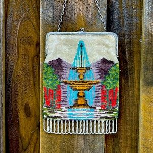 Antique micro beaded scenic fountain purse looped fringe vintage silver frame